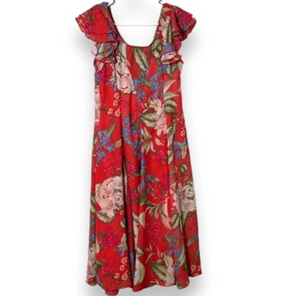 Vintage Y2K Shelby & Palmer Womens Red Floral Flutter Sleeve Midi Dress sz‎ 12 - Picture 3 of 4